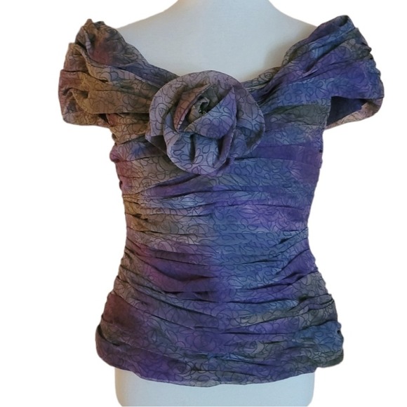 Vintage 50's Handmade Ruched Silk Dark‎ Watercolor Off the Shoulder Top - Picture 4 of 10